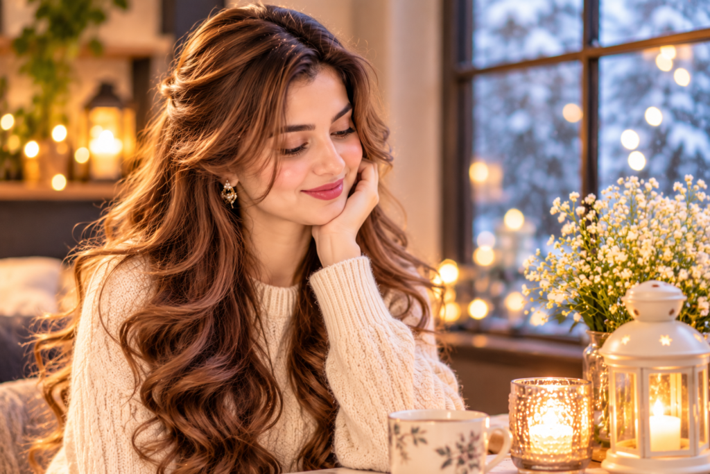 cozy winter candlelit portrait
