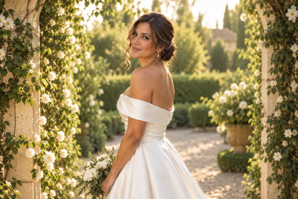 10 Off-the-Shoulder Wedding Dress Hairstyles to Try golden hour garden bride