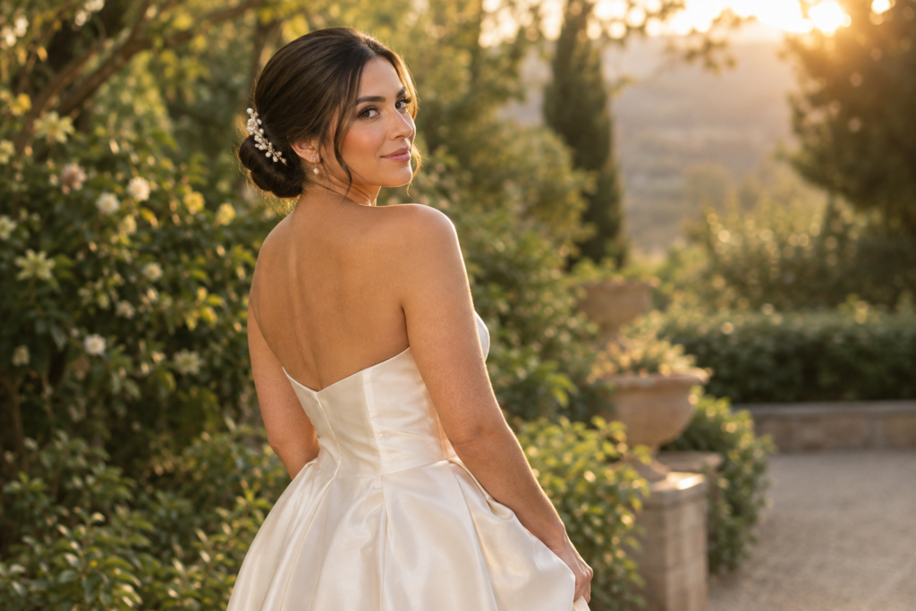 10 Hair Updos for Weddings That Stay Polished All Day golden hour garden bride