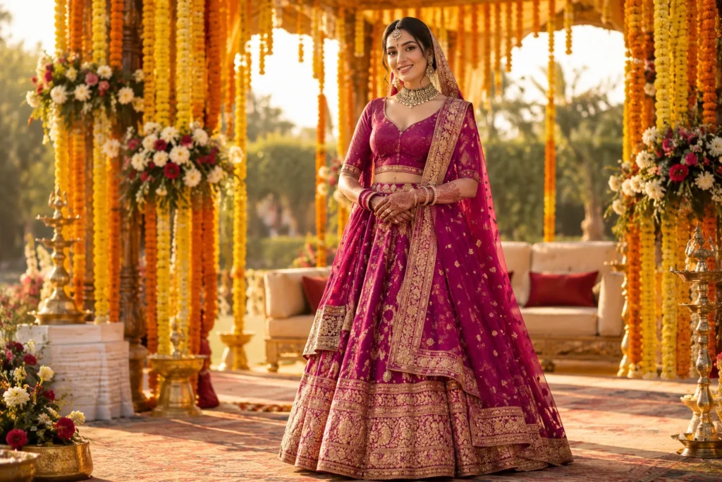 golden marigold mandap bridal portrait