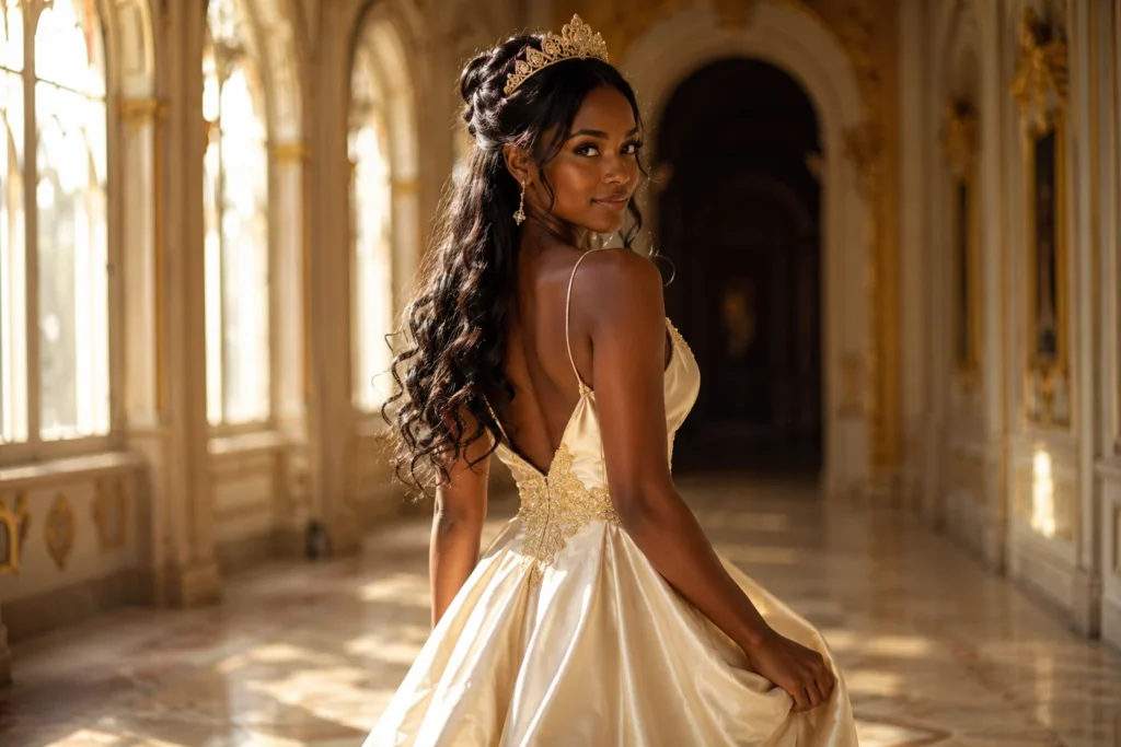 10 Royal Princess Black Hair Ideas for an Enchanting Look regal tiara in a sunlit palace corridor (1)