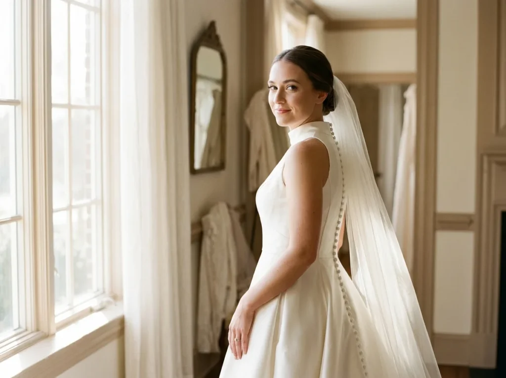 woman turning head in veil